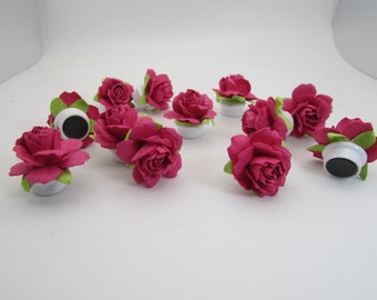 Hot Pink Mulberry Paper Rose Flower Magnets - Set of 12