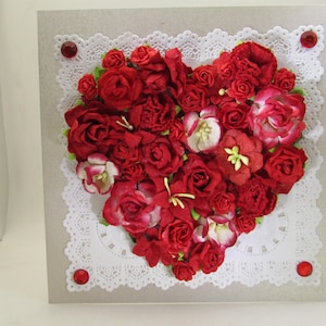 Bellissimo biglietto d'auguri fatto a mano con cuore e fiore, floreale, rosso, 3D, decorato, amore, San Valentino, compleanno, migliori auguri, vuoto
