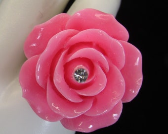 Pink Bubblegum Rose Pretty Adjustable Flower Ring with Rhinestones
