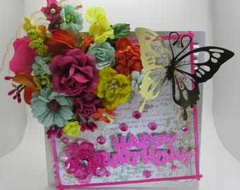 Handmade Pink Floral Birthday Card, Gold Butterfly, 3D Embellished