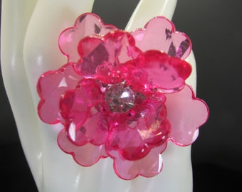 Big Pretty Pink Flower Ring, Rhinestone, Silver, Adjustable, Sparkly, Large, Statement, Fun