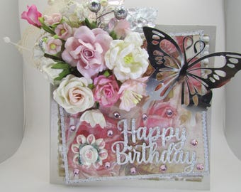Handmade Pink White Floral Birthday Card, Silver Butterflies, 3D Embellished