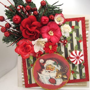 Lindo cartão de Natal feito à mão, Papai Noel, Rudolph, a rena do nariz vermelho, hortelã-pimenta, 3D, enfeitado - LINDO!