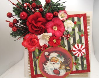 Beautiful Handmade Christmas Holiday Greeting Card, Santa, Rudolph the Red Nosed Reindeer, Peppermint, 3D, Embellished - GORGEOUS!