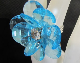 Big Pretty Light Blue Flower Ring, Rhinestone, Silver, Adjustable, Sparkly, Large, Statement