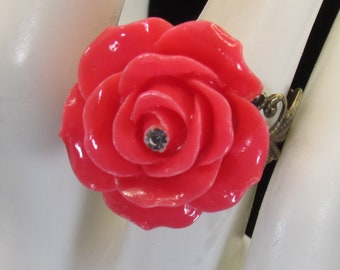 Coral color Rose Pretty Adjustable Flower Ring with Rhinestones