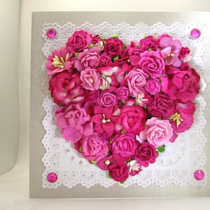 Mooie handgemaakte hartbloem wenskaart, bloemen, roze, 3D, verfraaid, liefde, Valentijnsdag, verjaardag, beste wensen, blanco