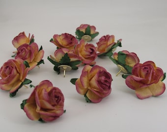 Coral & Pink Rose Push Pins: Floral Thumbtacks, Office Decor