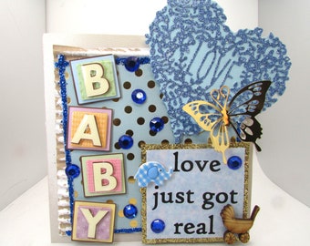 Handmade Baby Girl Card: 3D Embellished Butterfly, Blue Glitter Heart