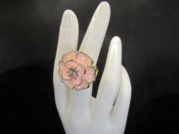 Bague Fleur Réglable Avec Strass Rose Clair - Métal Doré Sans Nickel, Neuve Avec étiquette