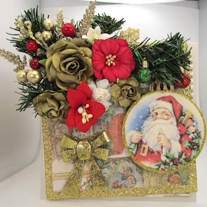 Belle carte de voeux de Noël faite main, père Noël, noeud doré, 3D, embelli - MAGNIFIQUE !