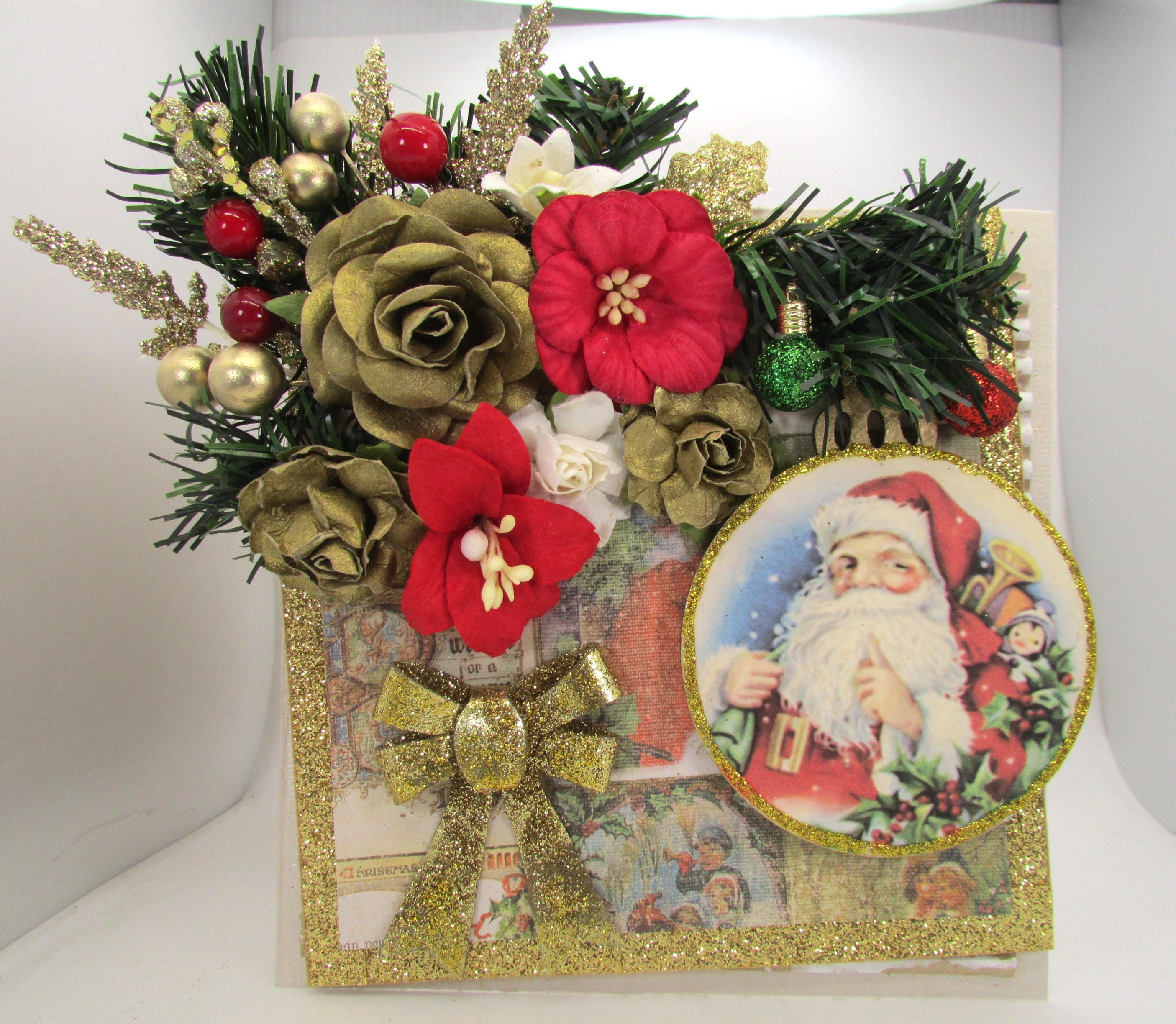 Beautiful Handmade Christmas Holiday Greeting Card, Santa, Gold Bow, 3D, Embellished - GORGEOUS!