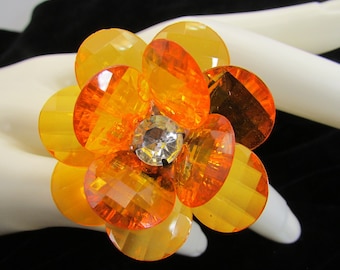 Big Pretty Orange Flower Ring, Rhinestone, Silver, Adjustable, Sparkly, Large, Statement, Fun