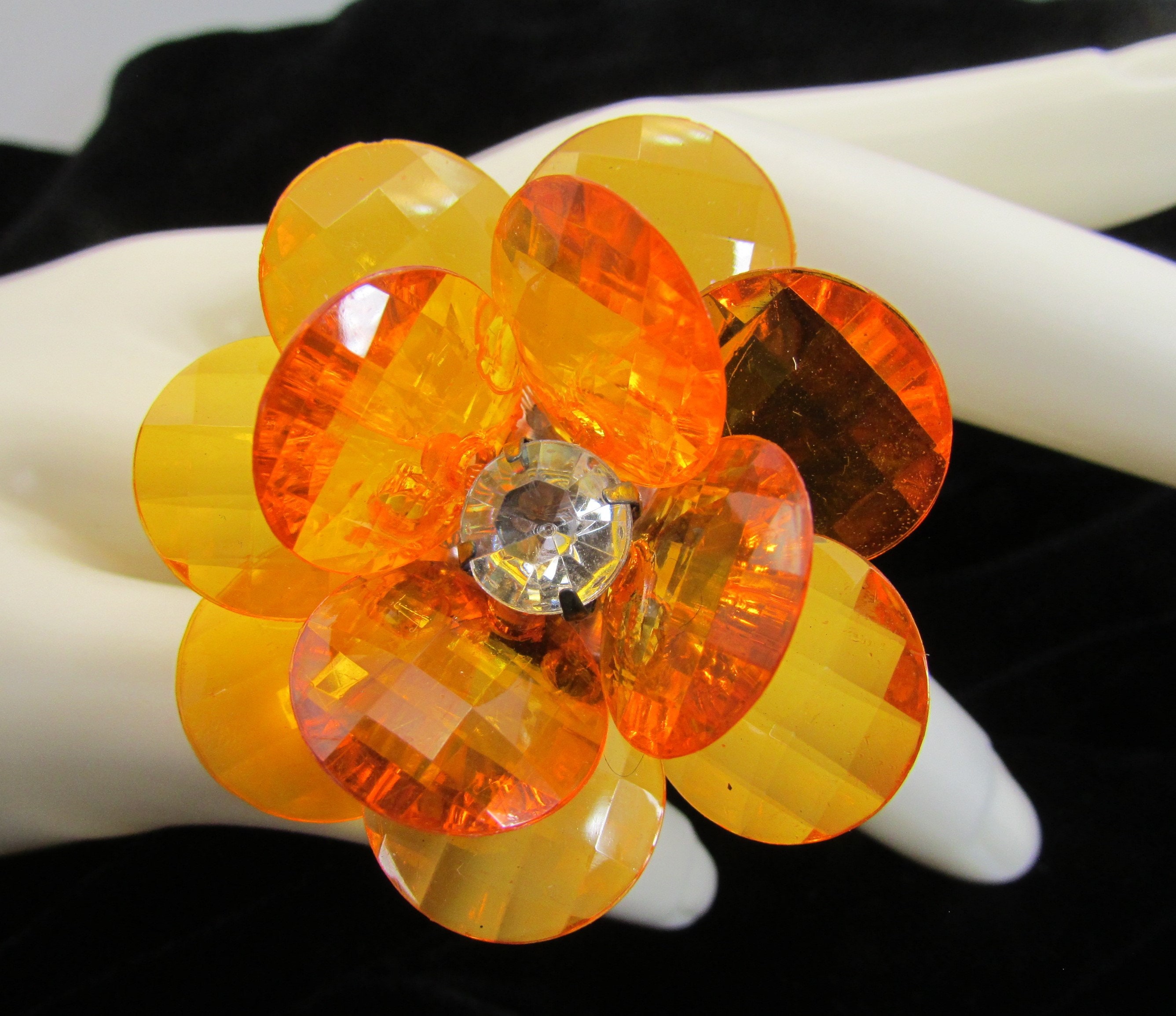 大きな可愛いオレンジフラワーリング、ラインストーン、シルバー、調節