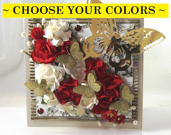 Beautiful Handmade Flower Greeting Card, Floral Spray, Embellished, Valentine&#39;s Day, Butterfly, Custom - CHOOSE YOUR COLORS!