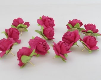 Hot Pink Rose Push Pins, Mulberry Paper Flowers, Office Decor, (Set of 12)