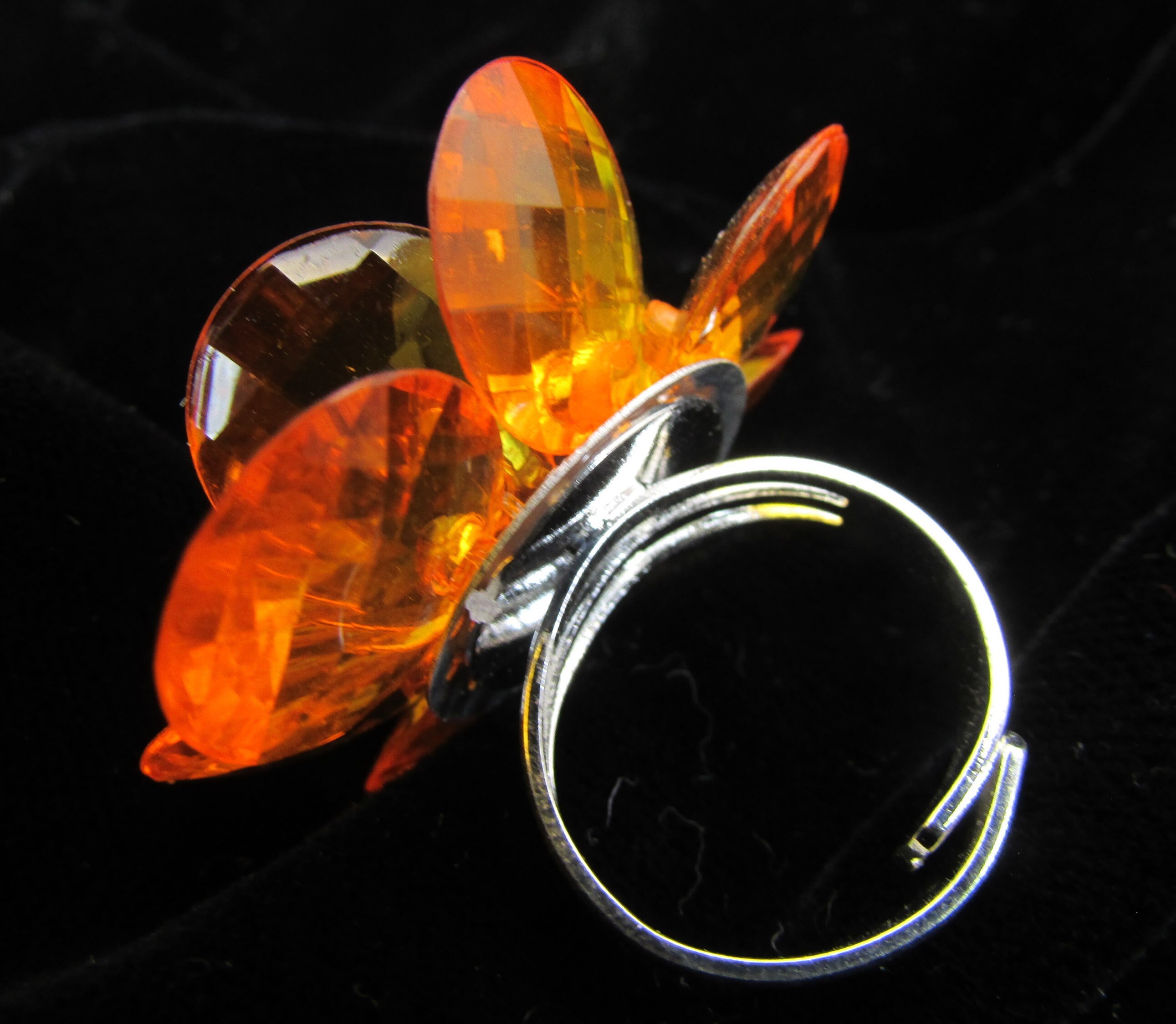 大きな可愛いオレンジフラワーリング、ラインストーン、シルバー、調節