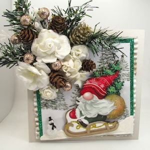 Belle carte de voeux fleurie faite main, Père Noël sur un traîneau à travers une forêt, Noël de vacances, 3D, embelli - MAGNIFIQUE !