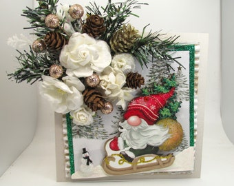 Beautiful Handmade Flower Greeting Card, Santa on a sleigh through a forest, Holiday Christmas, 3D, Embellished - GORGEOUS!