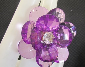 Big Pretty Purple Flower Ring, Rhinestone, Silver, Adjustable, Sparkly, Large, Statement