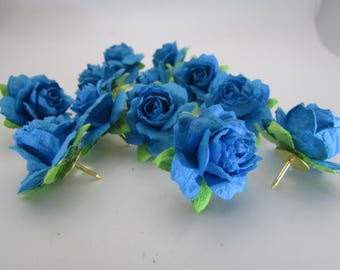 Blue Rose Push Pins: Floral Thumbtacks for Home, Office (Set of 12)