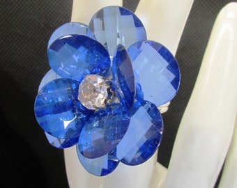Big Blue Pretty Flower Ring, Rhinestone, Silver, Adjustable, Sparkly, Large, Statement