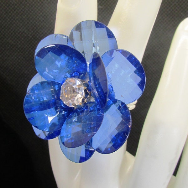 Big Blue Pretty Flower Ring, Rhinestone, Silver, Adjustable, Sparkly, Large, Statement