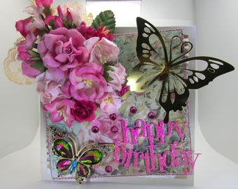 Handmade Pink Floral Birthday Card, Gold Butterfly, 3D Embellished
