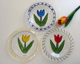 Placa de vidrio hecha a mano Kosta Boda Tulipa, diseñada por Ulrica Hydman Vallien, hecha en Suecia, vidrio vintage