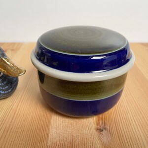 May include: A ceramic jar with a lid, featuring a design of horizontal stripes in blue, green, and white. The lid is a darker shade of green. A decorative duck figurine is visible in the background.