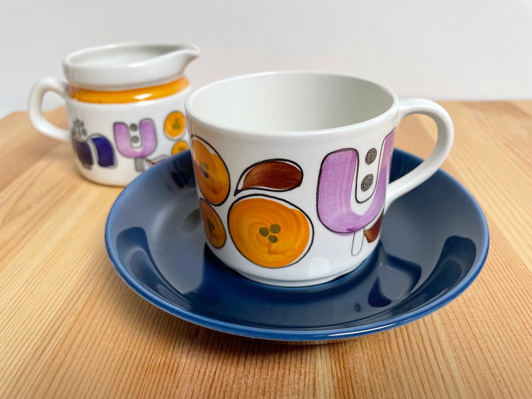 Rörstrand Karneval DM Model Coffee Cup / Tea Cup With Blue Saucer, Made