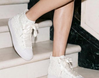 Ivory Lace Wedding Sneakers for Bride, Elegant Bridal Reception Shoes