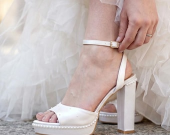 Ivory and White Satin Bridal Sandals with Pearl Trim, Wedding Heels 5–11 cm