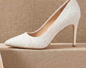 Lace Wedding Heels 9cm, Ivory or White Bridal Pumps, Pointed Toe Elegant Wedding Shoes