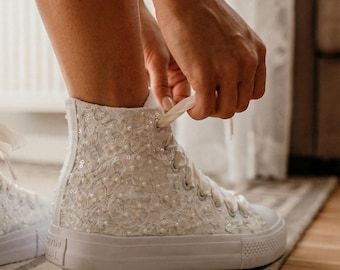 Ivory Lace Wedding Sneakers High Top Bridal Sneakers Comfortable Wedding Shoes Bride