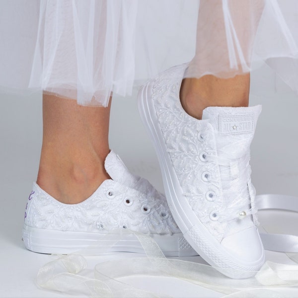 Luxus weiße Hochzeit Hochzeit Braut mit Perlen, Elfenbein Hochzeit Schuhe, Elfenbein Turnschuhe, Elfenbein Turnschuhe, Braut Tennisschuhe