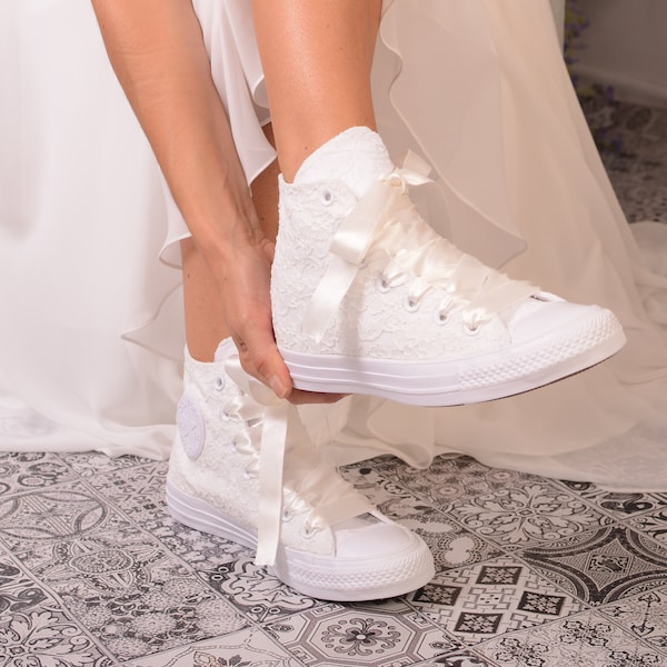 Ivory Wedding Converse High Top, Custom Converse shoes, Lace High Top Converse For Bride