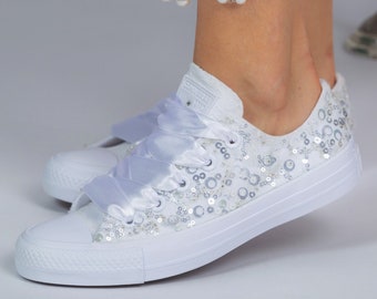 Silver Sequin Converse Trainers, Sequin Sneakers Shоs For Bride, Sequin Trainers, Sequin Tennis Shoes For Prom or Party