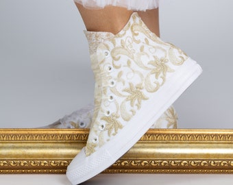 Gold High Top Bridal Sneakers, Wedding Sneakers for Bride, Luxury Gold Shoes