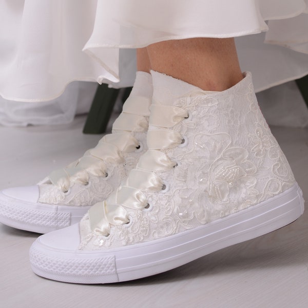 Luxury Ivory Wedding Converse For Bride With Lace, Custom Converse High Top Shoes For Bride, Bridal Sneakers with Dubai Lace