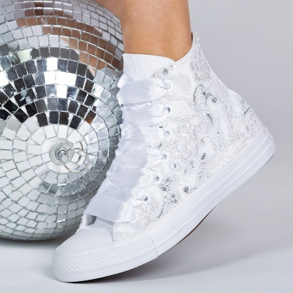 Silber Pailletten High Top converse Turnschuhe, Pailletten Sneakers Shоs für Braut, Pailletten Turnschuhe, Pailletten-Tennisschuhe für Abschlussball oder Party