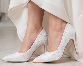 Classic White Lace Wedding Shoes with Personalization | Elegant Bridal Heels with Stiletto Heel