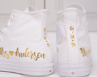 Personalized Wedding Converse For Bride, Silver Or Gold Foil Bridal Sneakers, Custom Converse Trainers Silver Mirror Foil