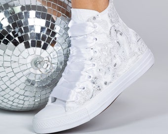 Baskets montantes Converse argentées à sequins, baskets à sequins pour la mariée, baskets à sequins, chaussures de tennis à sequins pour le bal ou une soirée