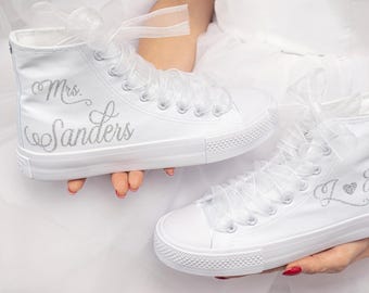 Sneakers alte personalizzate per matrimonio, scarpe da ginnastica da sposa, scarpe da sposa personalizzate, scarpe personalizzate con data del matrimonio