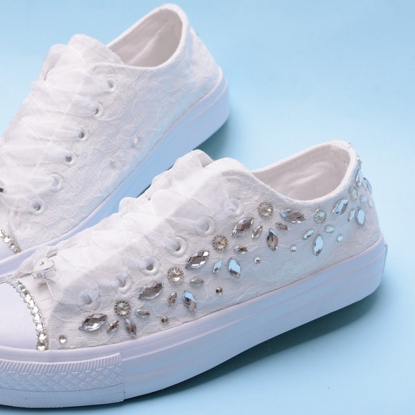 White Lace Wedding Sneakers For Bride, Bling Bridal Trainers For Reception, Bedazzled Tennis Shoes With Rhinestones And Crystals