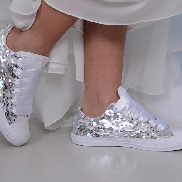 Silver Sequin Converse Trainers, White Sequin Converse Shoes For Bride, Sequin Sneakers, Sequin Tennis Shoes For Prom or Party