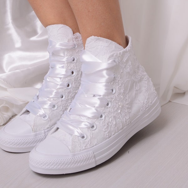 Luxury White Wedding Converse For Bride, Lace Converse Trainers High Top, Bridal Chucks High Top Sneakers with Dubai Lace