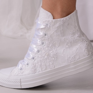 Luxury White Wedding Trainers For Bride, Lace Converse High Top, Bridal High Top Sneakers with Dubai Lace