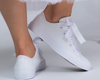 White Glitter Shoes For Bride, Converse Sneakers, Glitter Sneakers, Glitter Trainers, Glitter Tennis Shoes, Glitter Converse